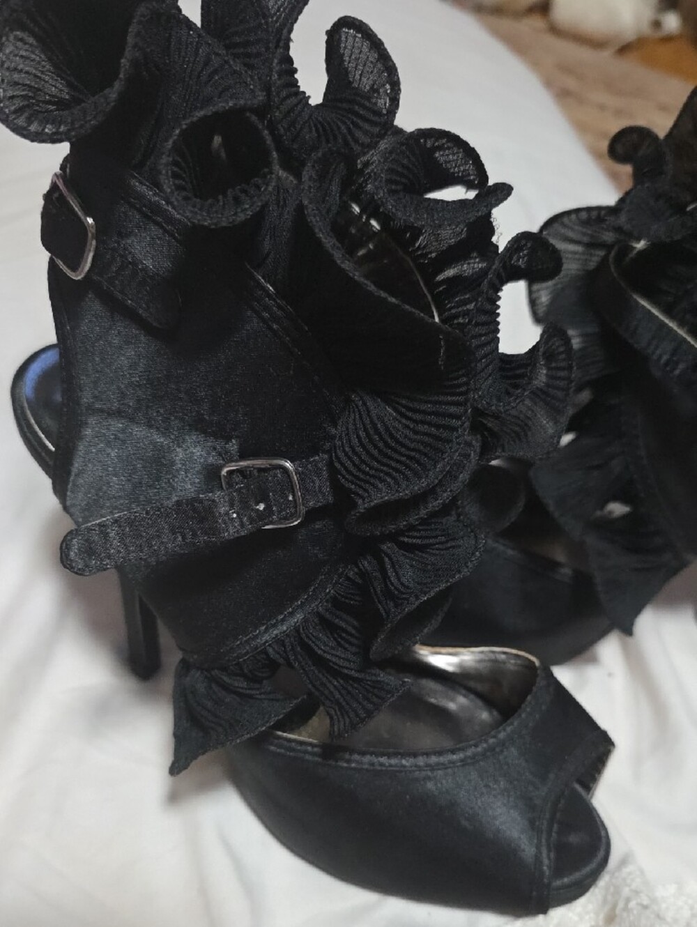 Wild Rose Black Ruffle Peep-Toe Ankle-Strap Heels - Picture 5 of 5